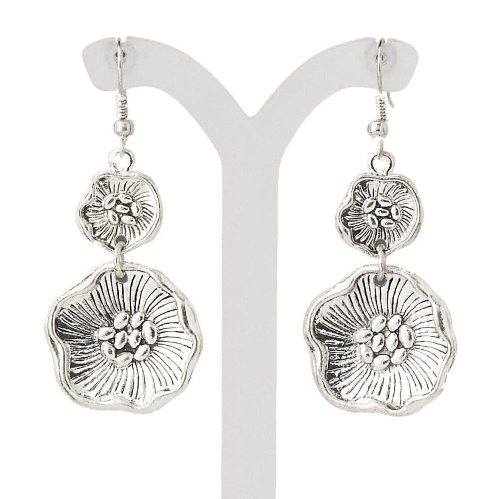 Antiqued Silver Pewter Double Carved Flower 2" Long Dangle Earrings